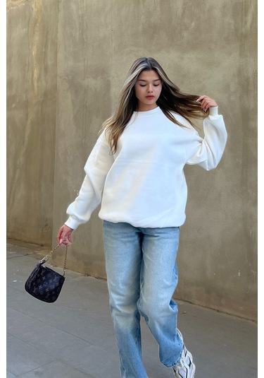 Şeker Pembe Basic Bisiklet Yaka Oversize Sweatshirt Beyaz