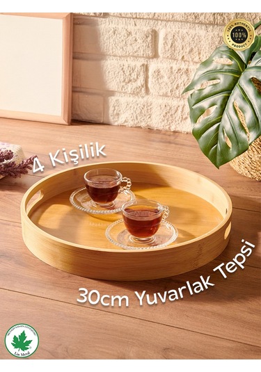 Yuvarlak Bambu Tepsi, Kulplu Sunum Tepsisi, Servis Tepsisi, Kahve Tepsisi, Keyif Tepsisi, Modern Tahta Tepsi - 30 Cm Bambu