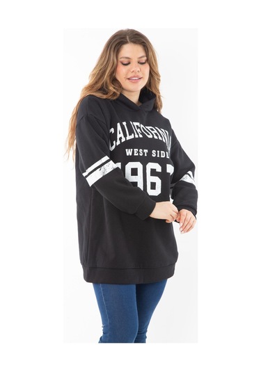 Kadın Büyük Beden Haki İçi Şardonlu Üç İplik Kapşonlu Sweatshirt 65n37290-siyah Siyah
