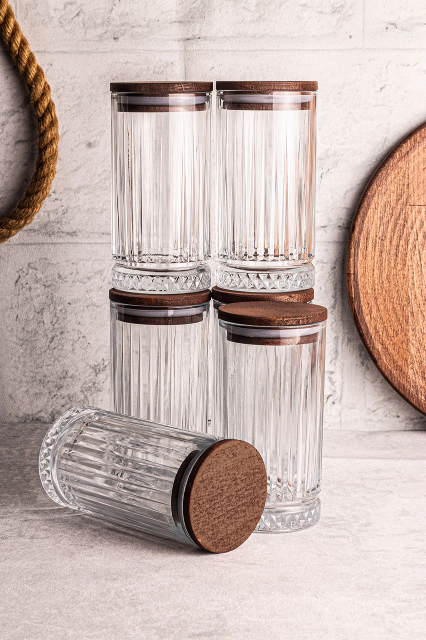 Mira 6'lı Ahşap Vakumlu Kapaklı Cam Saklama Kabı 450 Ml 6 Adet Ahşap