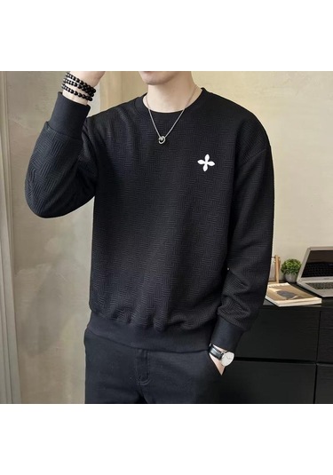 Sonbahar Yeni Erkek Uzun Kollu Kazak Gençlik Trendi Moda Çok Yönlü Rahat Yuvarlak Yaka Tide Erkek Siyah