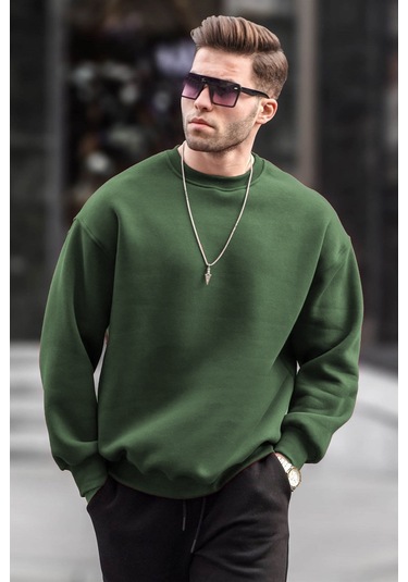 Madmext Haki Bisiklet Yaka Oversize Şardonlu Basic Erkek Sweatshirt 6048-haki Haki