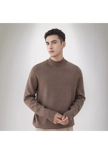 Yeni Sonbahar Ve Kış Yeni Kalınlaştırılmış Sıcak Orta Yaka Alt Erkek Düz Renk Kazak Kahverengi