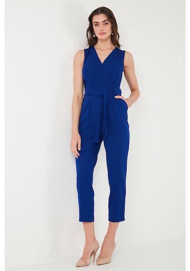 Lela Slim Fit Düz Paça Kruvaze Yaka Kemerli Bayan Tulum 6783626 Saks