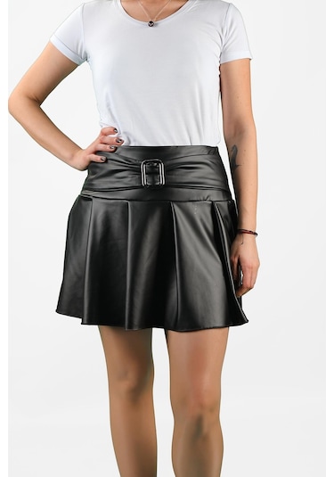 Deri Görünümlü Pileli Mini Etek 001