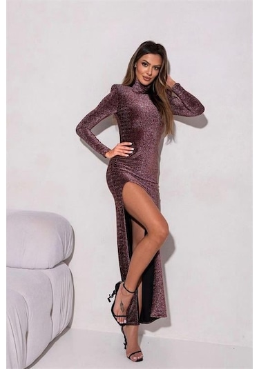 Kadın Yırtmaçlı Buzy Kumaş Vatkalı Abiye Elbise Dpnbemp2337 Gülkurusu