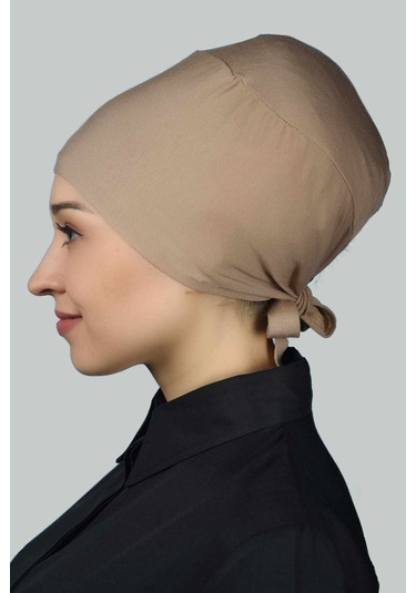 Altobeh Kadın Pratik Dikişsiz Bağcıklı Kaymayan Tesettür Penye Bone - Koyu Bej