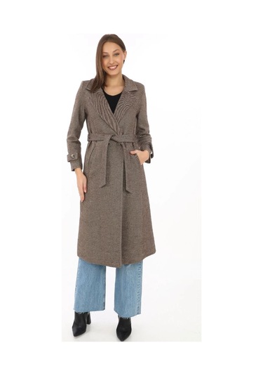 Kadın Balık Sırtı Kaşe Kaban Uzun Boy Kruvaze Yaka Kuşaklı Astarlı Kışlık Tesettür Kaban, Yünlü Do Vizon