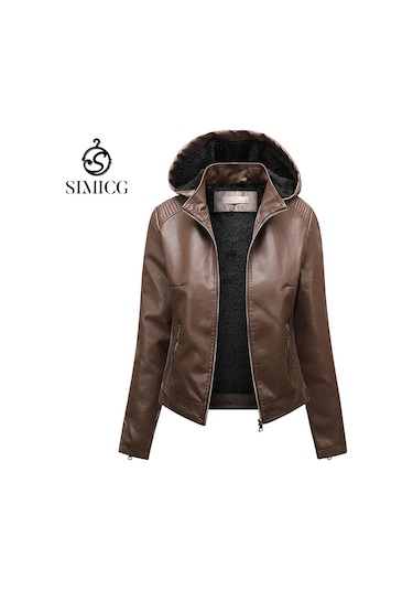 Kapüşonlu Peluş Deri Ceketli Kadın İlkbahar Ve Sonbahar Ceketi Kahverengi