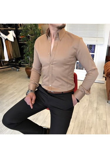 Italyan Stil Slim Fit Dik Yaka Saten Erkek Gömlek Vizon T5104 Vizon