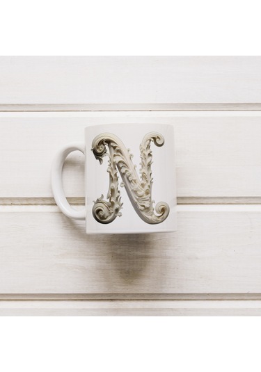 N Harfi Bardak, Monogram 330 Ml Barok Oymalı Görünüm Beyaz