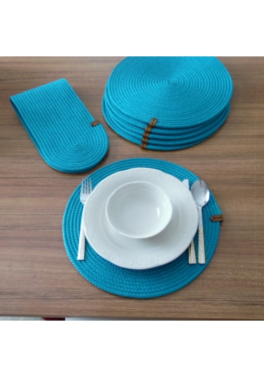 Turkuaz 6 Kişilik 7parça Amerikan Servis, Hasır Supla Takımı, Tab Turkuaz