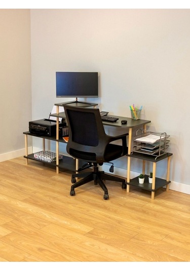 Çalışma Masası 5 Raflı Ahşap Ayaklı Dekoratif Modern Bilgisayar Ofis Masası - Antrasit - Köşe