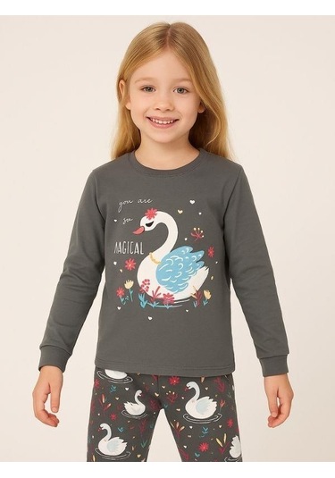 Kız Çocuk Kuğu Baskılı Pamuklu Pijama Takımı-16057 Haki