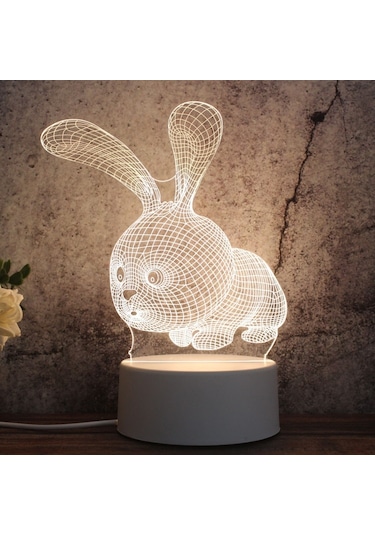 Sones Beyaz Tabanlı Yaratıcı 3d Üç Renkli Led Dekoratif Gece Lambası, Düğmeli Fiş Versiyonu, Şekil: Tavşan Çok Renkli