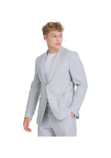 Gri Slim Fit Çizgili Mono Yaka Takım Elbise 36322 Gri