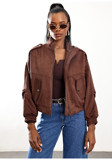 Kahverengi Süet Bomber Ceket D99806 Kahverengi