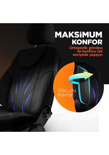 Panda Pars Serisi Deri Oto Koltuk Kılıfı - Siyah - Mavi