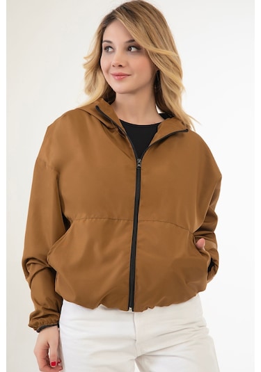 Riverstorm Kadın Taba Su Ve Rüzgar Geçirmez Kapüşonlu Cepli Oversize Yağmurluk - Rüzgarlık Taba