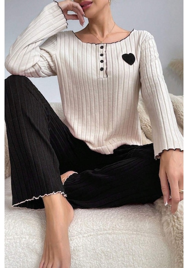 Bella Notte Nakışlı Siyah Pamuklu Kalp Detaylı Pijama Takımı