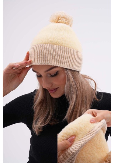 Peluş Ponponlu Bere Krem