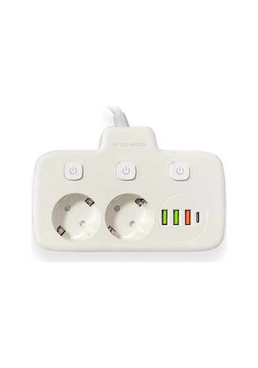Akım Korumalı 2'li Ayrı Anahtarlı Priz, 2x Priz, 3x Usb, 1x Type-c, 2 Mt Kablo, Hızlı Şarj 2 M