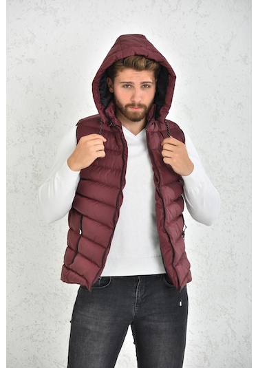 Erkek Bordo Jel Dolgu Çıkarılabilir Fermuarlı Kapüşon Şişme Yelek