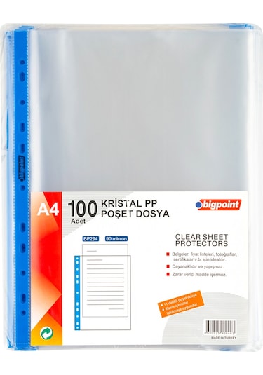 Bigpoint Poşet Dosya Mavi Şeritli Kristal 90 Mikron 100'Lü Paket N11.43436