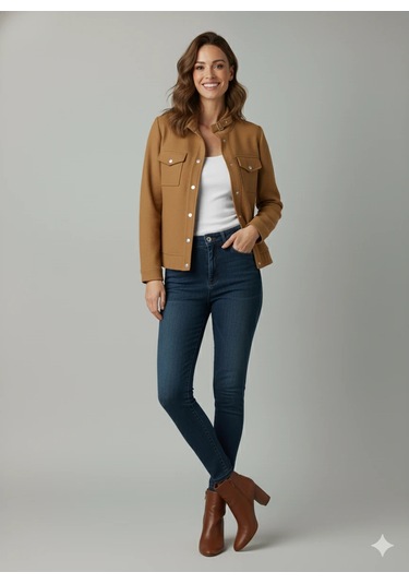 Kadın Taba Zarif Kısa Ceket Toka Detaylı Dik Yaka Cepli Süet/kaşe Baharlık Ceket Taba