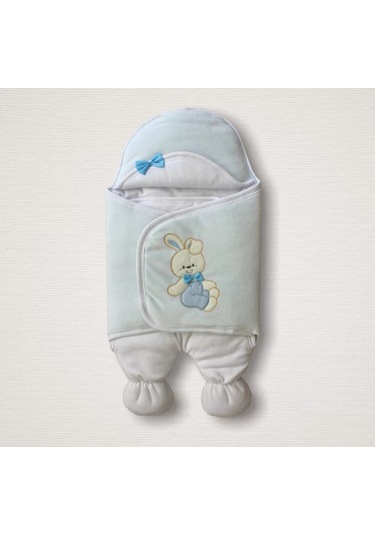 Yenidoğan Kadife Kumaş Ayıcık Nakışlı Şapkalı Kız Erkek Bebek Ayaklı Kundak Bebek Battaniyesi Mavi Çok Renkli