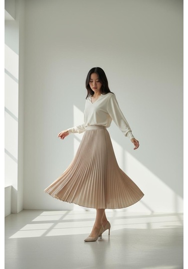 Pileli Pamuklu Dokuma Viskon Kışlık Etek 95 Cm - 38-48 CAMEL