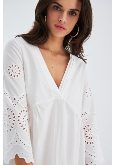 Peraluna Hiromi Dress %100 Pamuk 3/4 Kol Diz Hizası Yazlık Kadın Beyaz