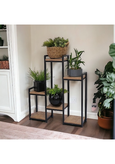 METAL AHŞAP 6 RAFLI SAKSI STANDI KATLI DİKEY SAKSILIK ÇİÇEKLİK