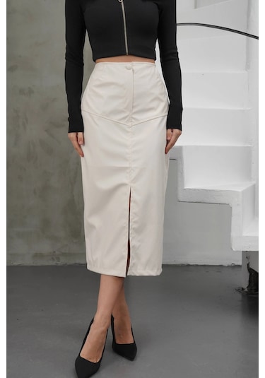 Yırtmaçlı Uzun Deri Etek Krem Krem