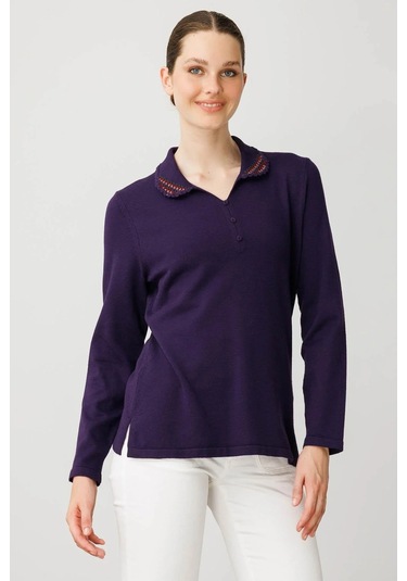 Desen Triko Polo Yaka Likralı Kadın Bluz 25091 Mor