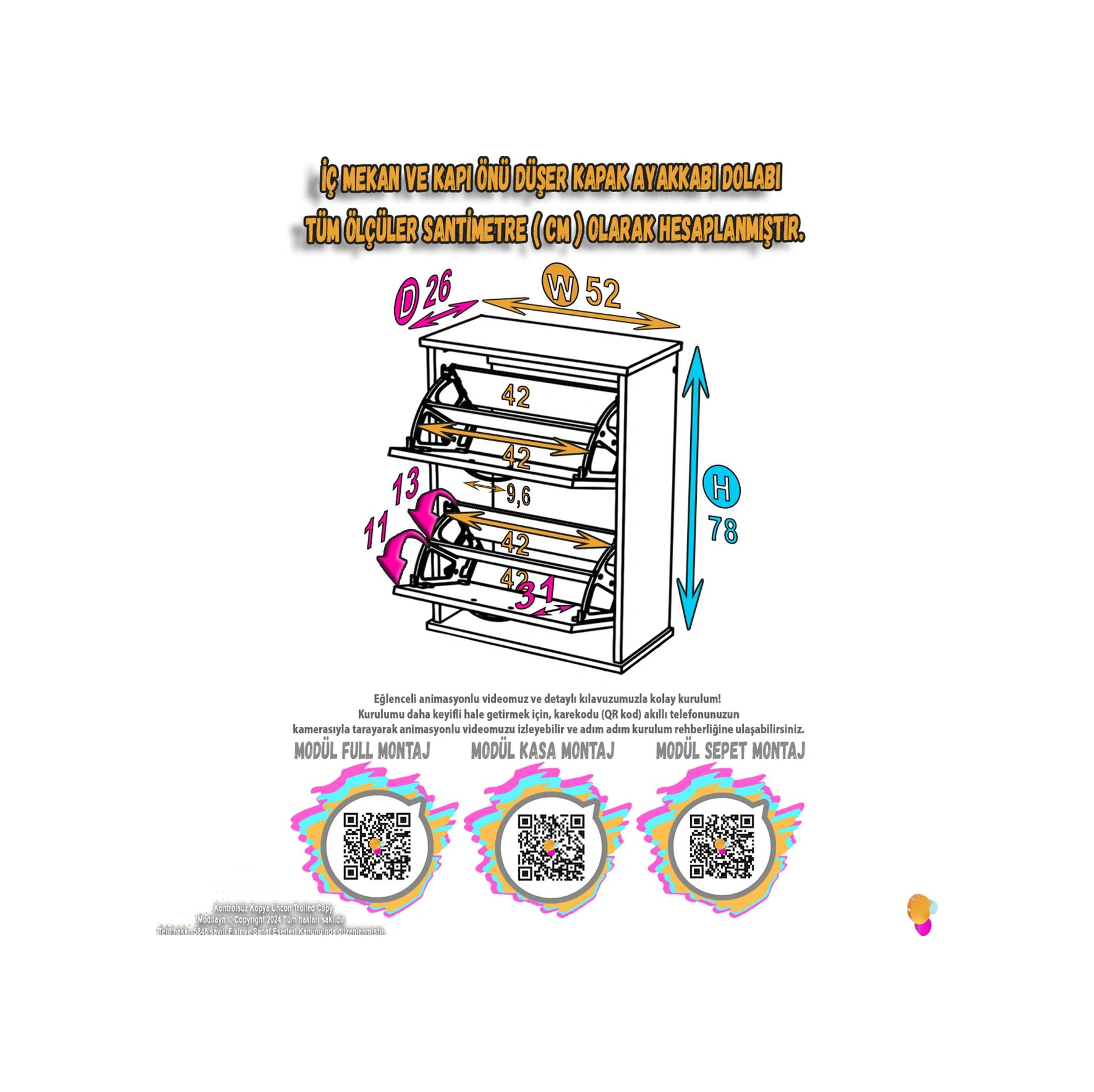 Asaf Beyaz Asma Ayakkabılık Kapı Önü 2 Düşer Kapak 4 Göz Bölmeli Ayakkabılık 52x78x25,5 Cm Beyaz