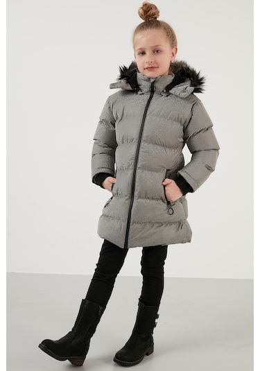 Lela Yakası Suni Kürklü Peluş Astarlı Çıkarılabilir Kapüşonlu Dar Kesim Kışlık Kız Çocuk Mont 5760002 Silver