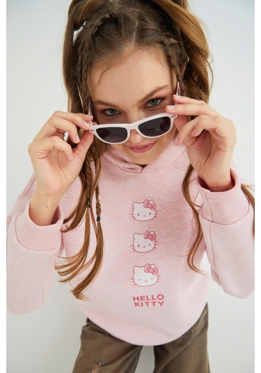 Hello Kitty Lisanslı Baskılı Kapüşonlu Pembe Sweatshirt Renkli