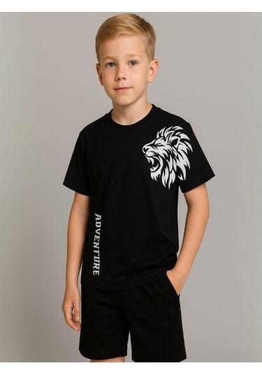 Çocuk Aslan Baskılı Pamuklu Oversize T-shirt-16014 SIYAH