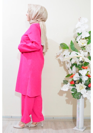 Deryam Tekstil Kadın Sofya Keten Tunik Pantolon Takımı Pembe 40 Beden Pembe