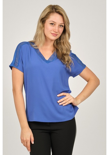 Ella Camelia Kadın Dantel Detaylı Bluz 5010027 Saks