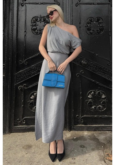 Madmext Madmext Gri Düşük Omuz Elbise Mg2349 Gri