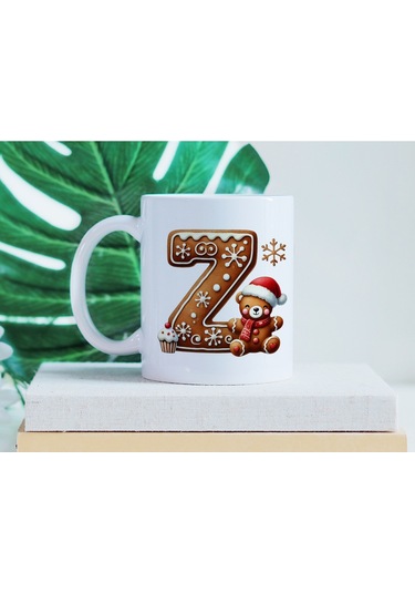 Z Kurabiye Harf Ve Ayıcık Detaylı Kupa Bardak - Yeni Yıl / Yılbaşı Temalı Tasarım - Noel Hediye Beyaz