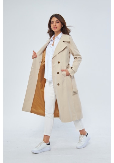 %100 Pamuk Ekstra Uzun 120cm Kruvaze Kadın Trençkot 1121 Taş Rengi Taş