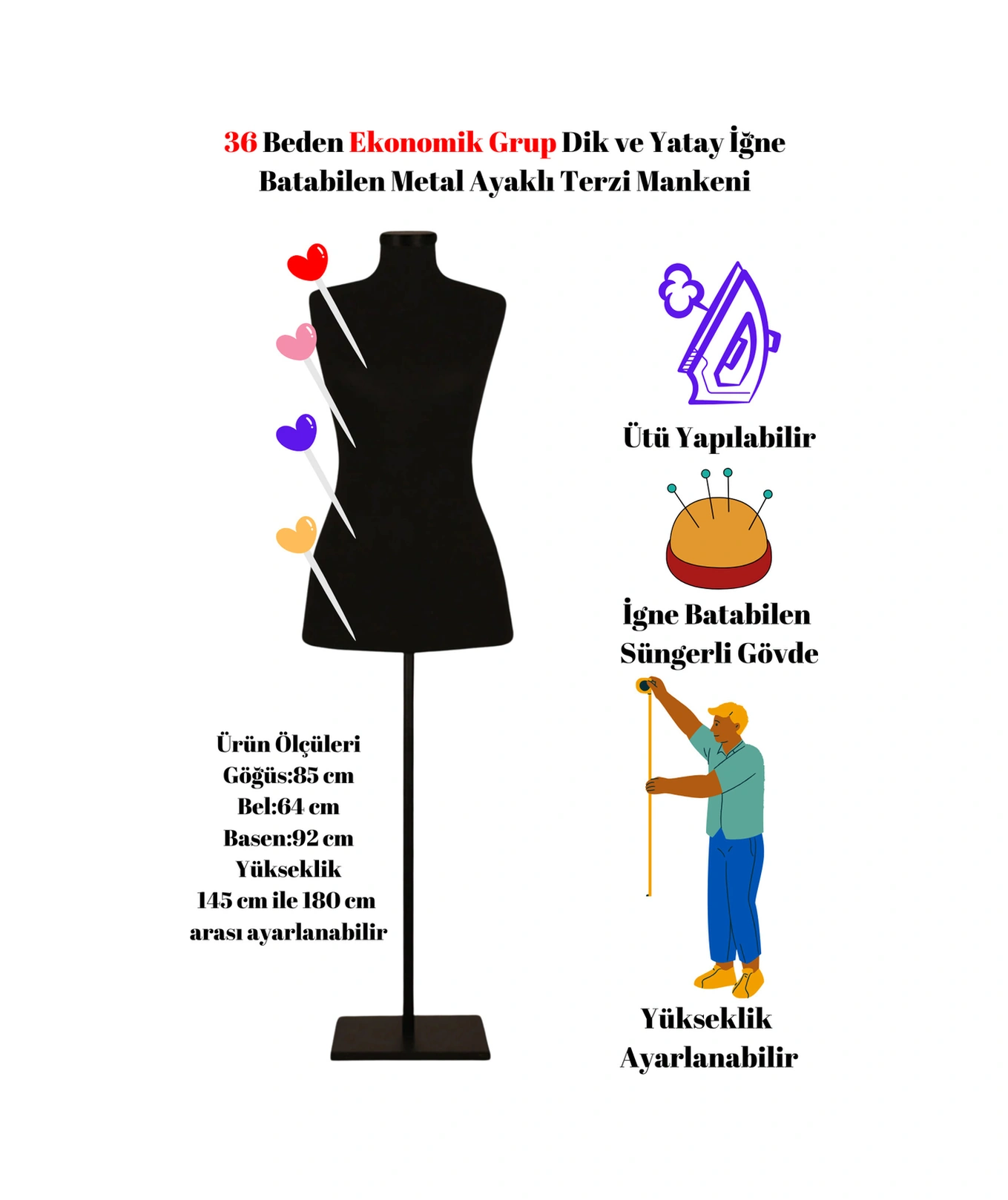 Ekonomik 36 Beden Dik Ve Yatay Iğne Batabilen Sünger Metal Ayaklı Terzi Mankeni Po-01