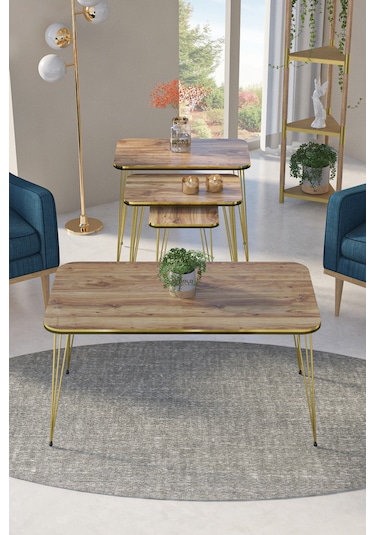 Zigon Sehpa Kr Ve Orta Sehpa Kr Set Çift Gold Ceviz Tel