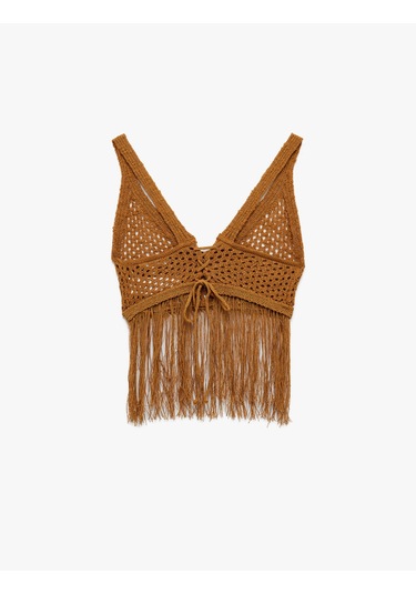 Koton Püsküllü V Yaka Kolsuz Sırt Detaylı Slim Fit Kroşe Crop Bluz Kahverengi 5sal30001ht Kahve