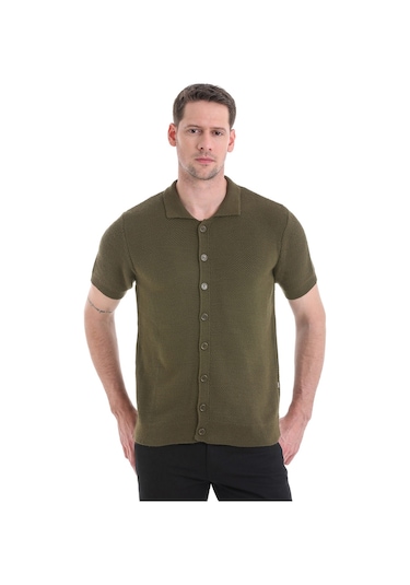 Hatemoğlu Regular Fit Düz Düğmeli Kısa Kollu Triko Hırka 34162024c001 022 - Haki