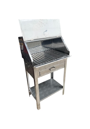 Paslanmaz Kömürlü Mangal Çekmeceli 35 X 50 Cm Sehpalı Kapaklı Barbekü Gri