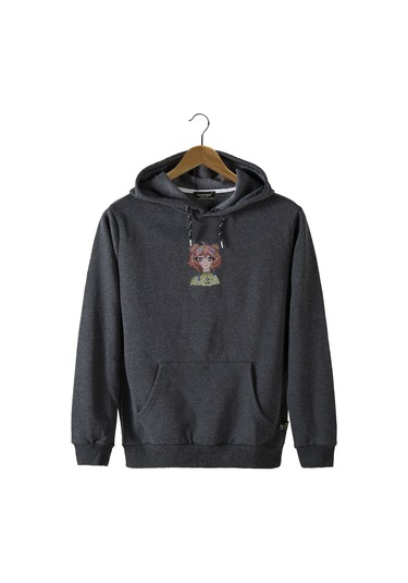 Unisex Antrasit Kapüşonlu Önü Anime Kadın Baskılı Slim Fit Kanguru Cepli Sweatshirt Antrasit